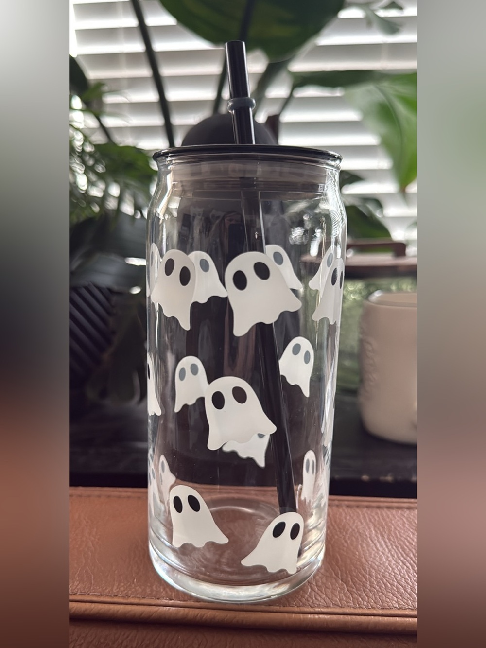 Pack of 2 Halloween Ghost Print Clear Tumbler with Black Lid and Straw